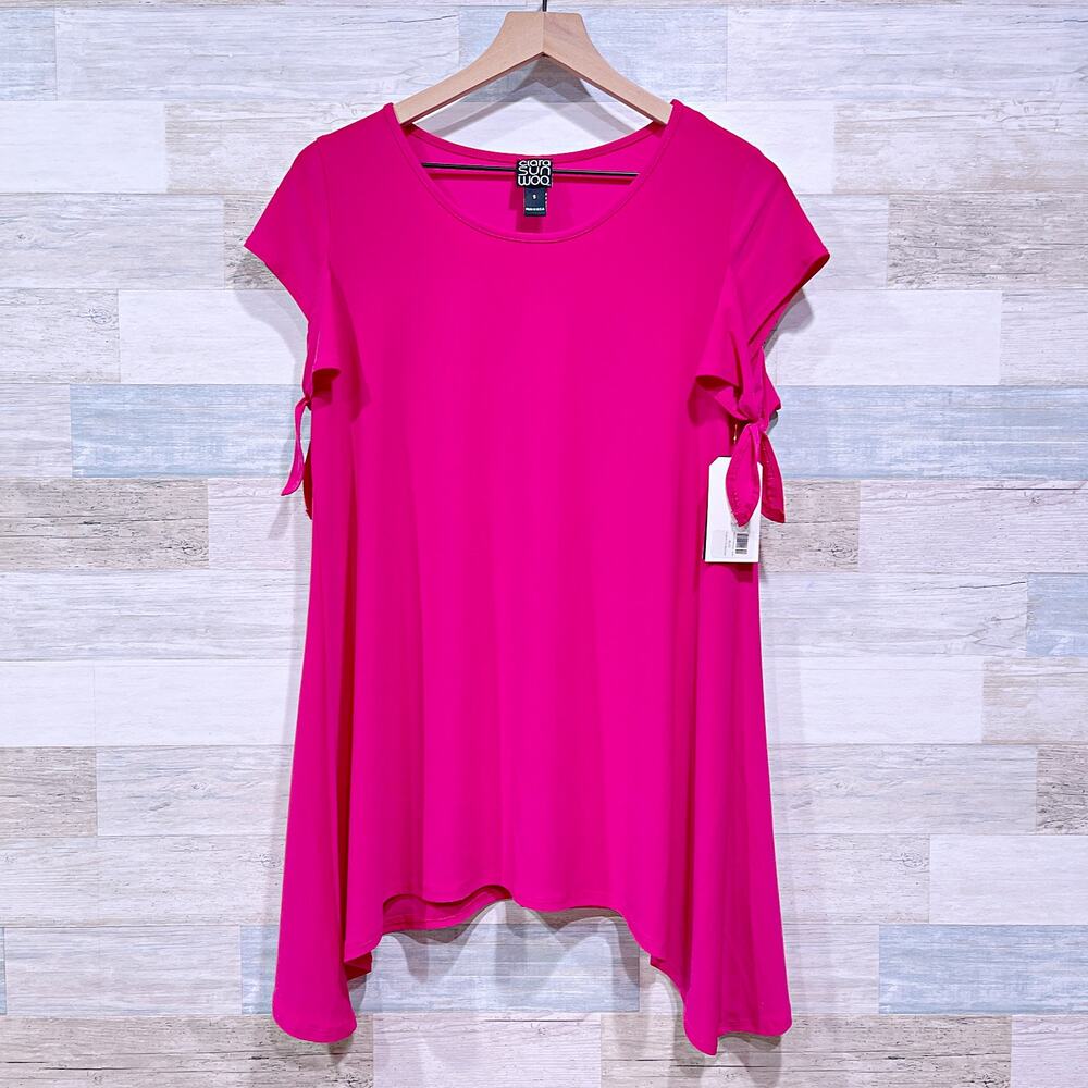Clara Sun Woo Asymmetric Hem Longline Tunic Top Pink Jersey Knit Womens Small